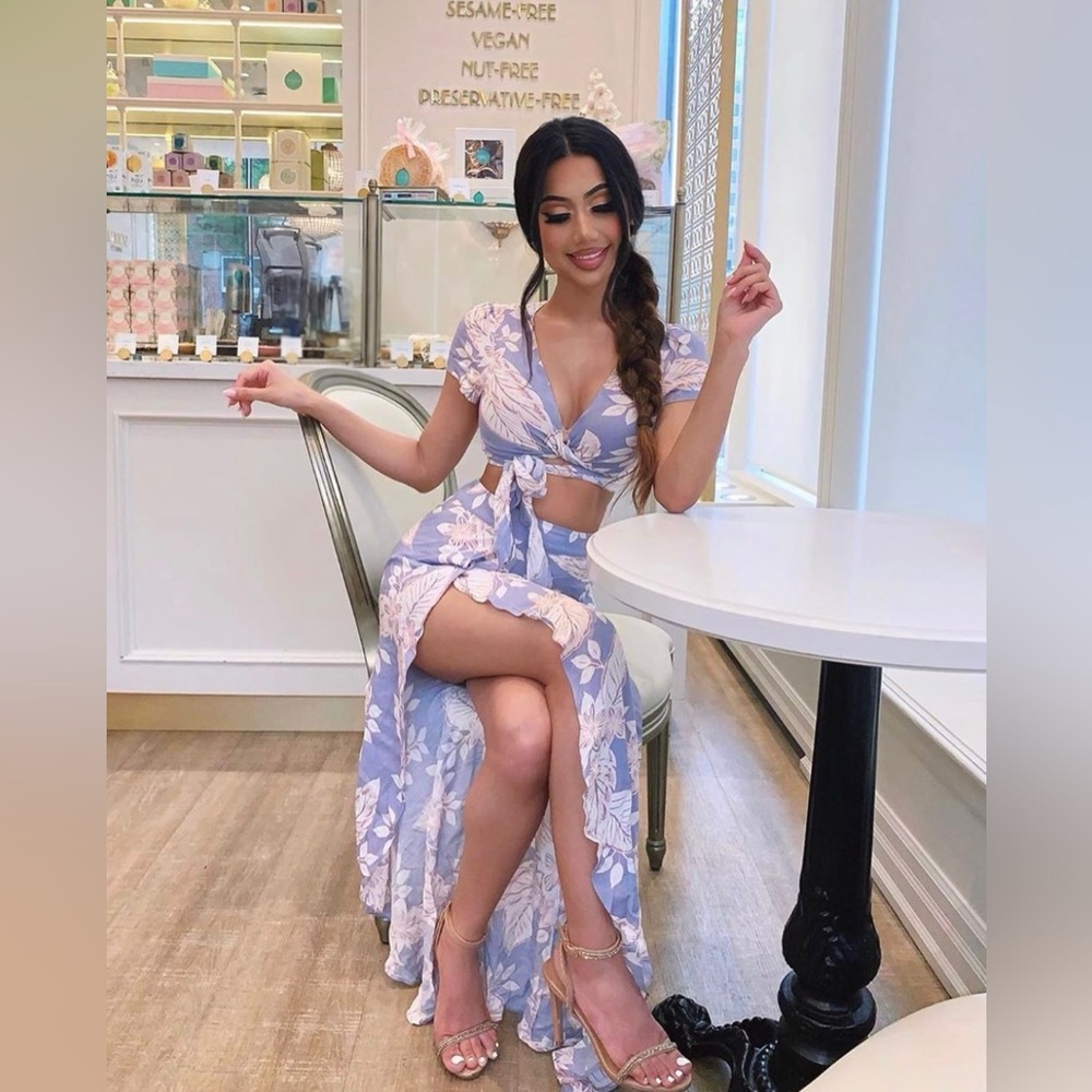 Fashion Nova Purple Floral Matching Two Piece Tie Crop Top + Tie Skirt Set